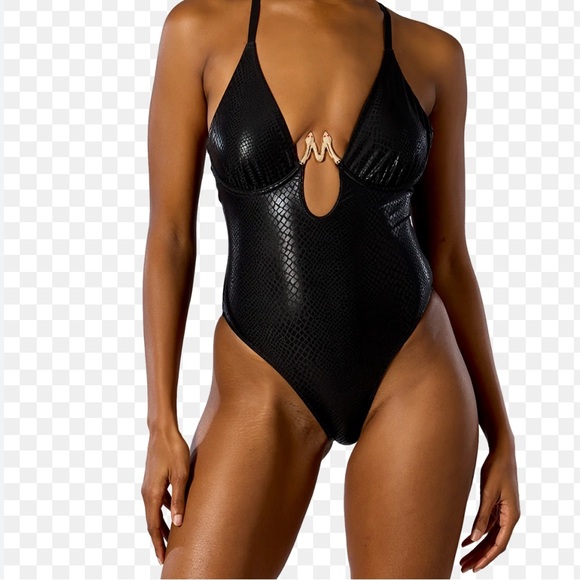 NEW Hot Girl Summer Black Snakeskin Swimsuit with snake accent - Picture 1 of 14